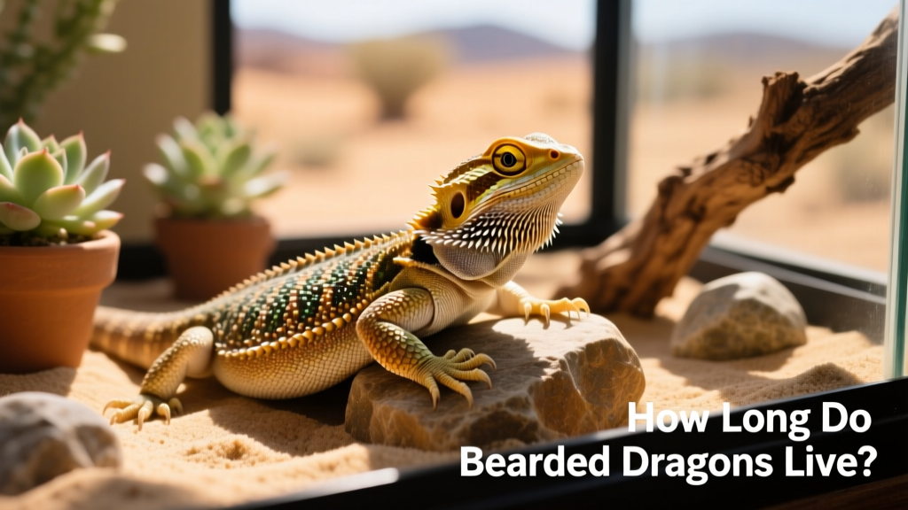 A healthy adult bearded dragon basking under a warm light in a well-appointed terrarium