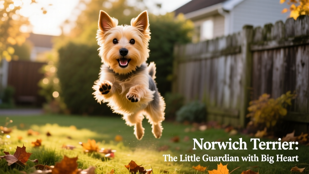 Strawberry blonde adult Norwich terrier jumps up to greet camera outside