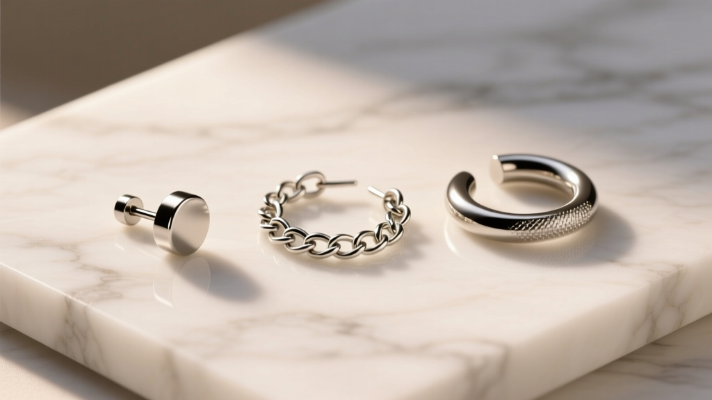 Flat lay of three faux piercing earrings on marble, including a magnetic stud, a chain link, and a helix cuff in soft warm light