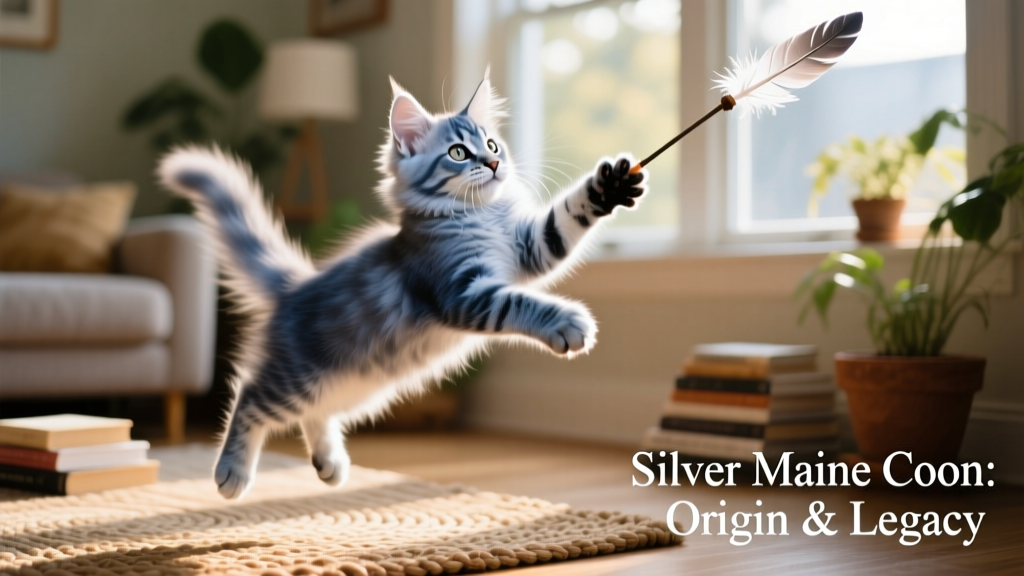 A playful Silver Maine Coon kitten batting at a feather wand toy, mid-leap
