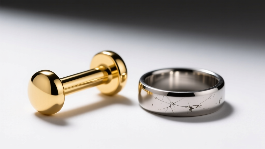 18k solid gold genital barbell next to a scratched surgical steel ring under bright clinical lighting on a clean white background