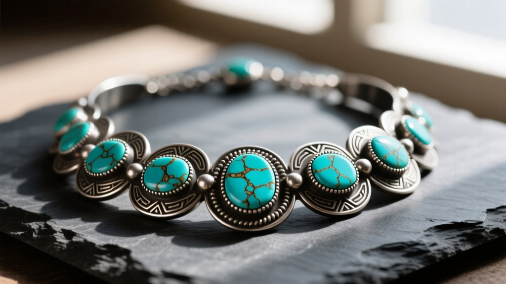Close-up of a Navajo southwestern necklace with oxidized sterling silver and natural Kingman turquoise stones on dark slate.