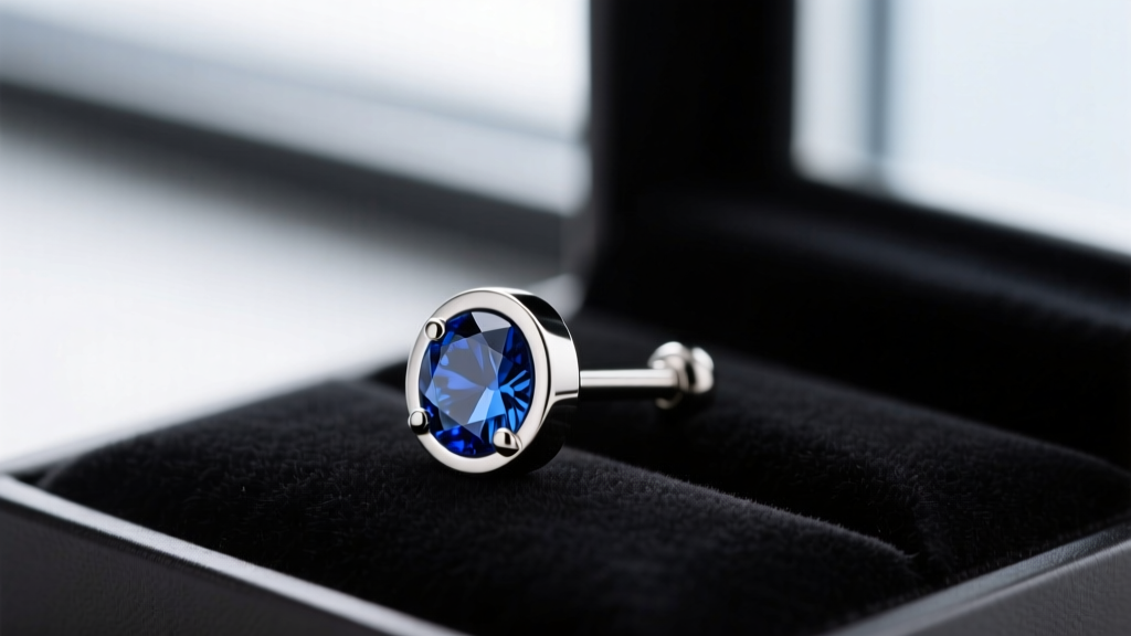 Macro shot of an 18-gauge implant-grade titanium labret stud with a bezel-set sapphire resting on a dark velvet display tray
