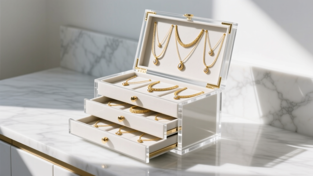 Clear cast acrylic standing jewelry box with drawers, showing gold necklaces against a bright modern marble vanity background.