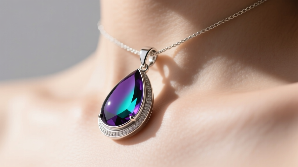 Close-up of a sterling silver teardrop mood pendant on a collarbone, shifting from deep violet to bright teal in sunlight.