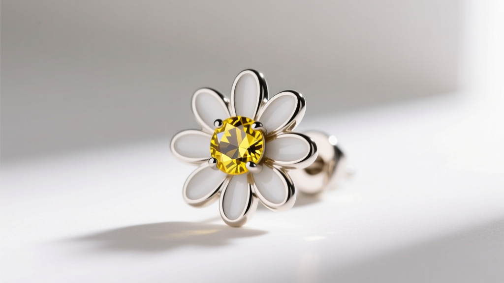 Close-up of a 20g titanium daisy stud earring with white cold enamel petals and a bright yellow sapphire center stone.