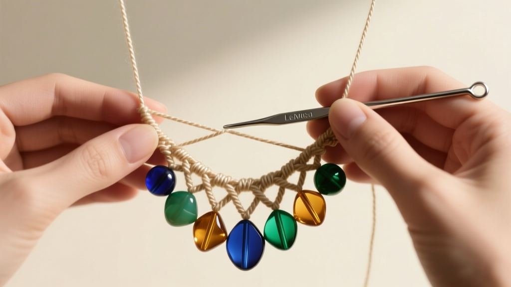 Hands using a fine steel crochet hook to gently pull a snagged ladder yarn rung back into alignment on a beaded fiber necklace.