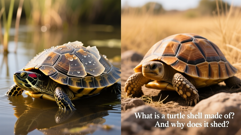 Side-by-side comparison showing normal scute shedding in an aquatic turtle versus smooth, intact scutes on a terrestrial turtle
