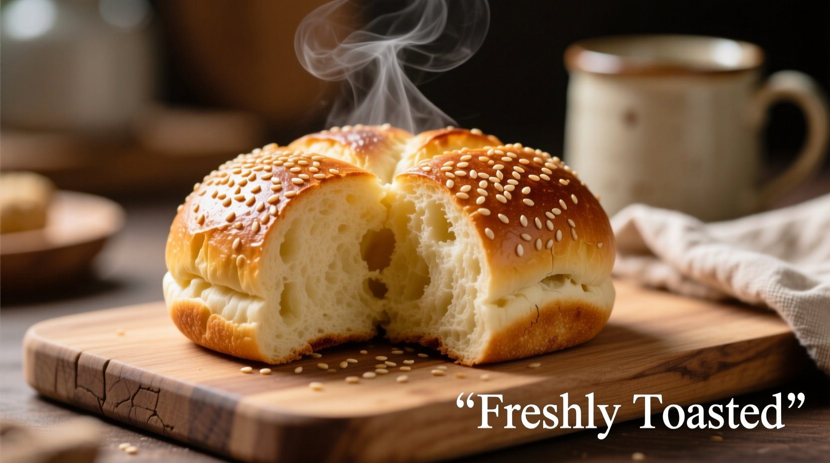 Freshly toasted potato buns with sesame seeds