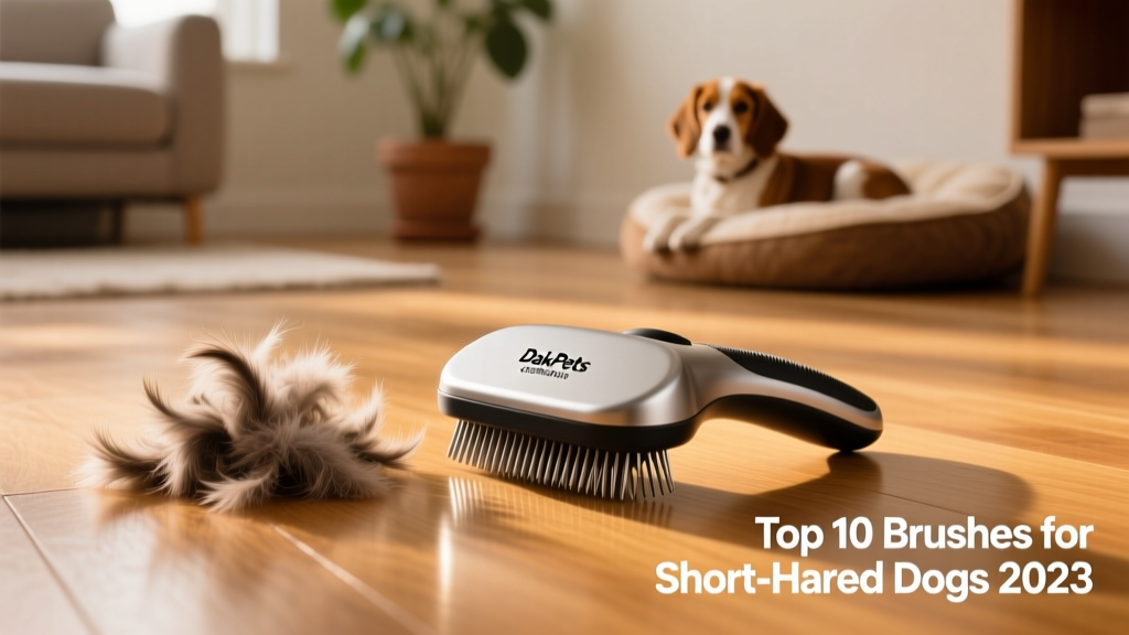 DakPets deshedding brush placed beside a small pile of collected dog fur on a hardwood floor