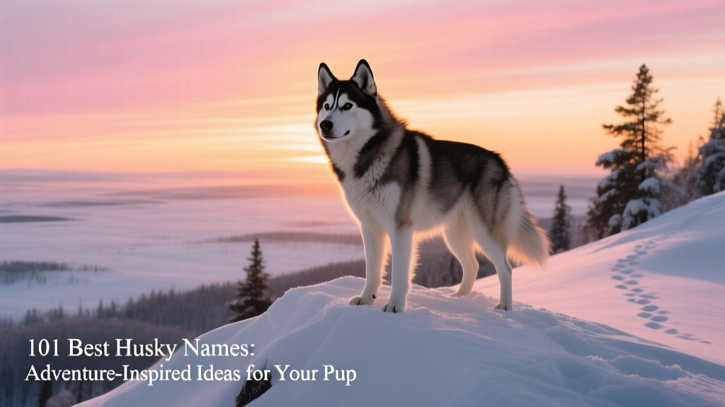 A Siberian husky standing proudly atop a snow-covered ridge at sunrise, silhouetted against a glowing pink and orange sky