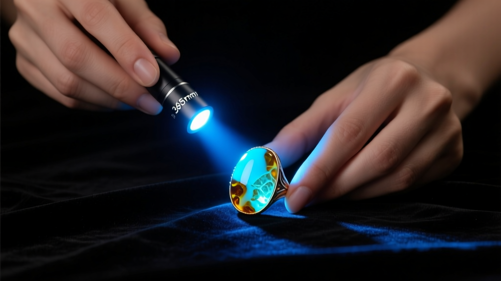Hands holding a 365nm UV flashlight over a Baltic amber ring in the dark, showing bright milky-blue fluorescence on black velvet.