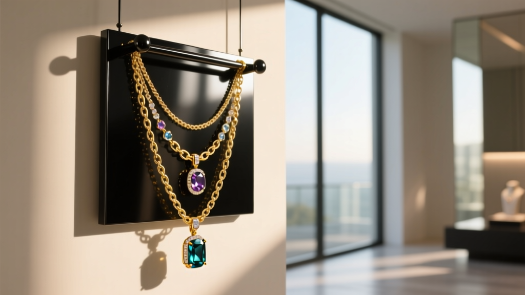 A sleek matte black metal wall hanging necklace holder displaying layered gold chains and heavy gemstone pendants in a sunlit room