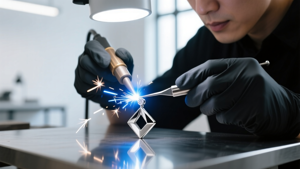 Jeweler using a pulse arc welder to attach a titanium earring post to a geometric bezel setting under bright magnification lamp.
