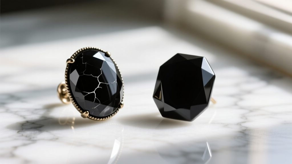 Macro shot of 1880s French Jet black glass mourning earring beside a modern black resin replica, showing facet differences on marble.