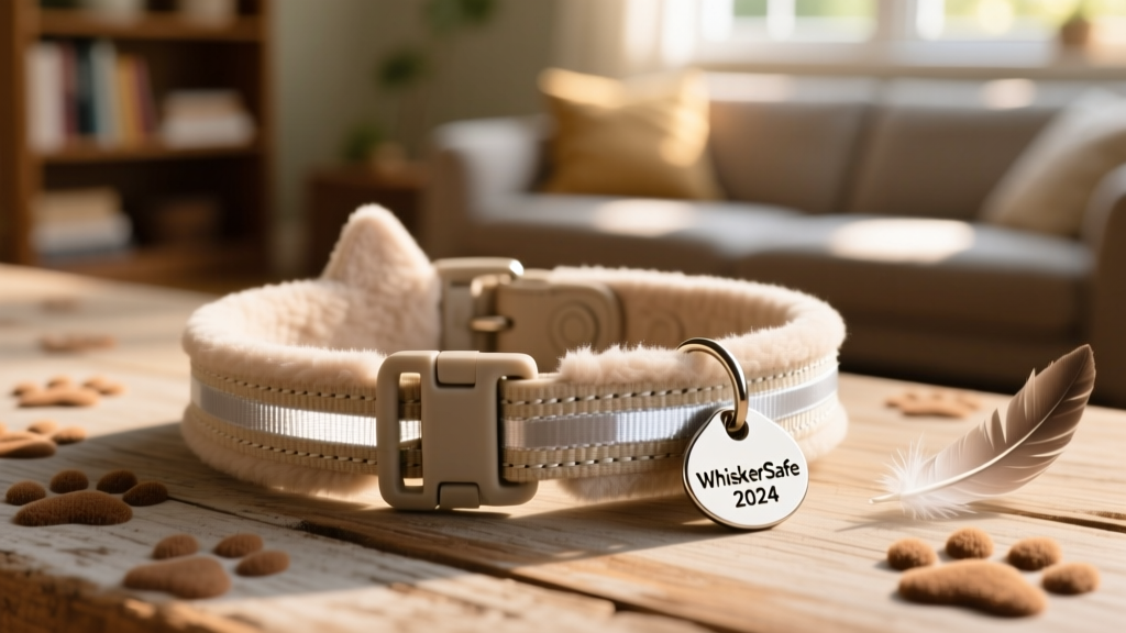 Close-up of a soft, breakaway cat collar with a small engraved ID tag and subtle reflective strip