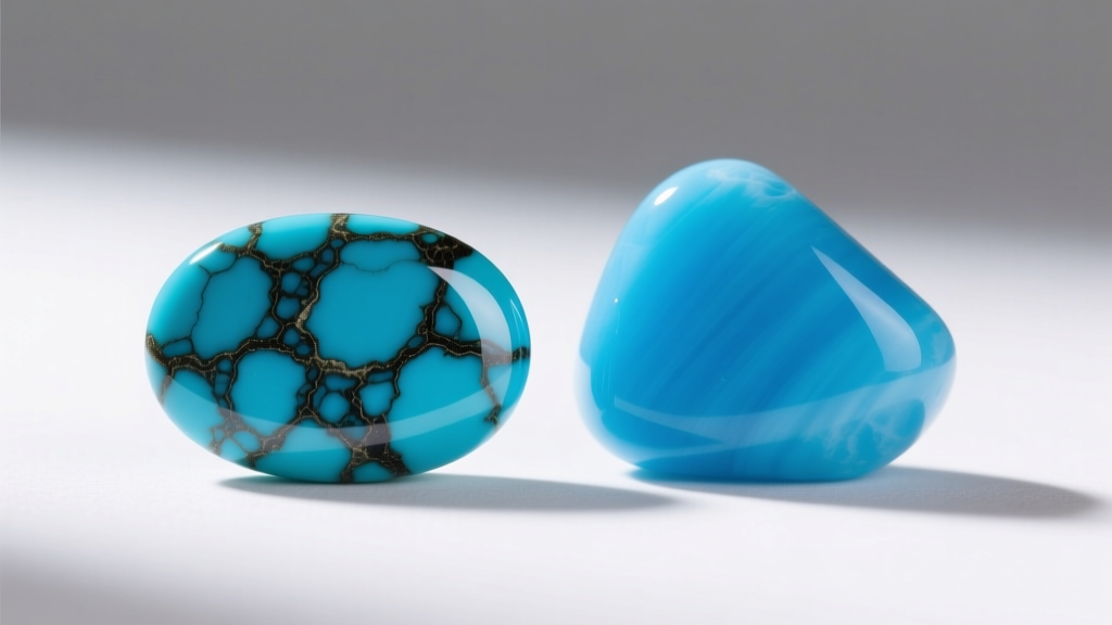 Natural Sleeping Beauty turquoise cabochon with dark matrix veining placed beside a uniformly bright blue dyed howlite imitation stone