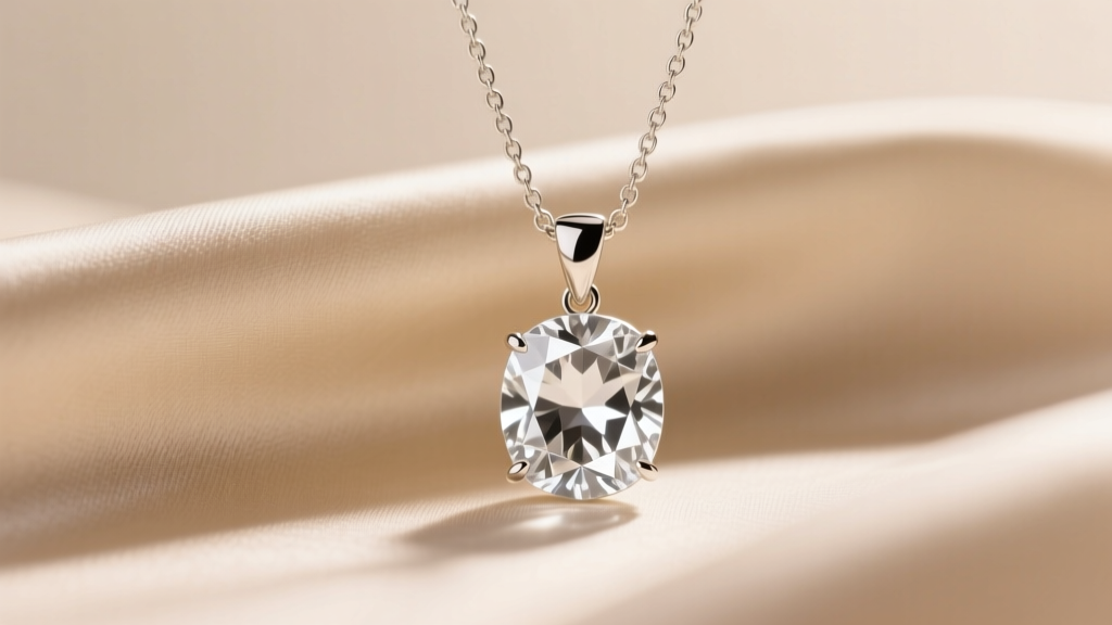 Brilliant-cut white topaz pendant on a 14k white gold chain resting on soft beige silk fabric under bright, warm studio lighting.