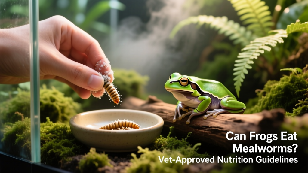 Hand holding a dusted mealworm over a shallow feeding dish inside a well-planted frog terrarium