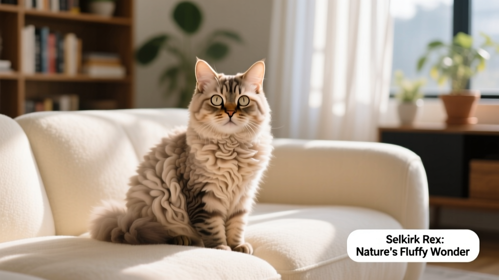A relaxed Selkirk Rex cat sitting on a cozy sofa, showcasing its signature plush, curly coat and round face