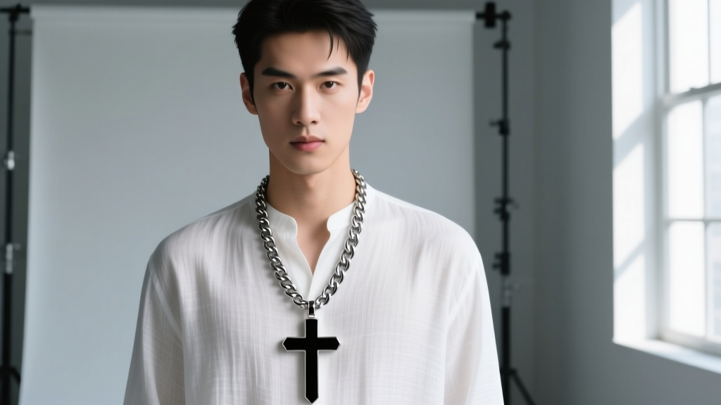 A young man wearing a 20-inch stainless steel figaro chain with a matte black crucifix pendant over a crisp white linen shirt.