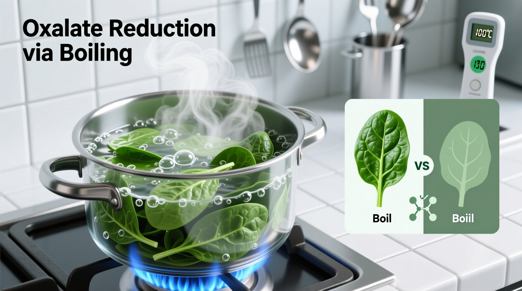 Boiling spinach to reduce oxalate content