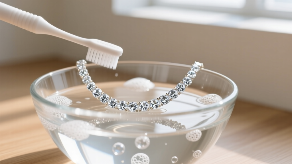 Soft toothbrush cleaning a white topaz tennis necklace in a glass bowl of soapy water, illuminated by bright natural window light
