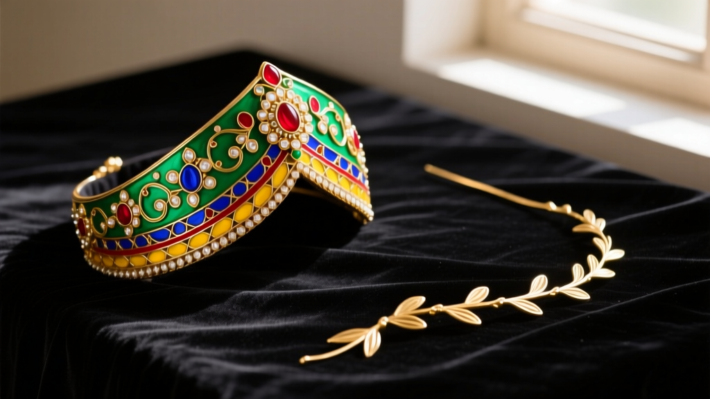 Flat lay of a Rajasthani Bor headpiece and minimalist gold hair vine on dark velvet, highlighting intricate Meenakari enamel work.