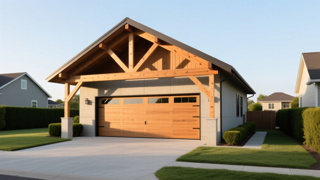 Framed 24x24 detached two-car garage with exposed wooden trusses and concrete slab foundation against a suburban backdrop in morning light
