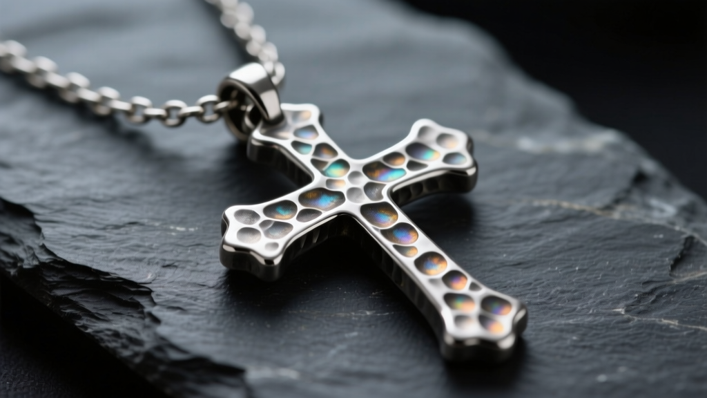 Close-up of an oxidized sterling silver rustic cross necklace on dark slate, showing hammered textures and darkened metal crevices