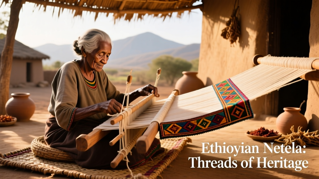 Ethiopian Netela Hand Spun Cotton Weaving And Border Embroidery