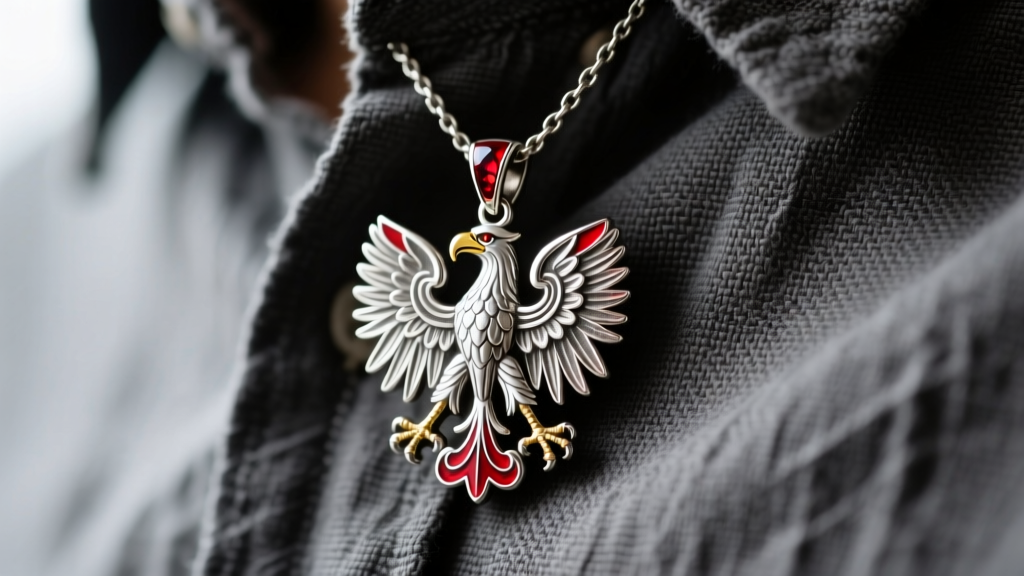 Macro shot of oxidized silver Polish White Eagle pendant with red enamel accents, worn over textured charcoal linen shirt.