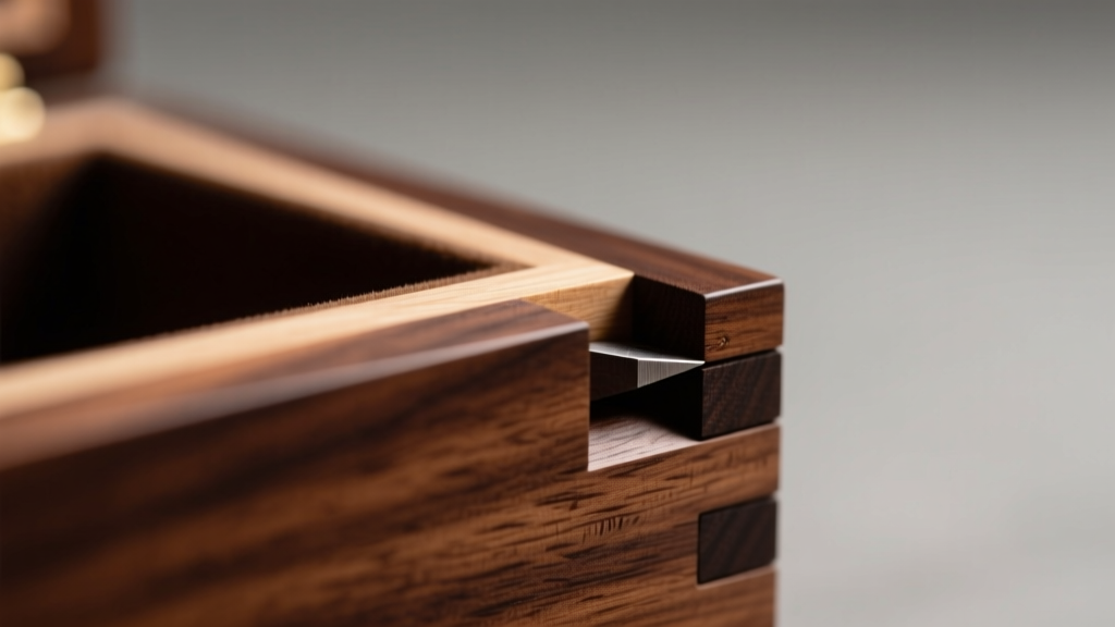 Macro shot of hand-cut half-blind dovetails on a walnut jewelry box under warm light, revealing precise woodworking tolerances.