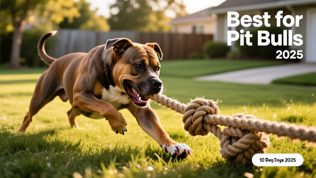 A Pit Bull playing tug-of-war with a sturdy knotted rope toy on grass