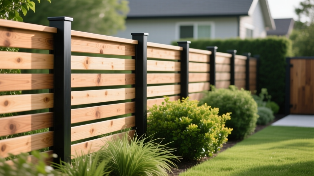 Close-up of horizontal cedar slat fencing with black aluminum posts installed in a modern suburban backyard with lush green landscaping.