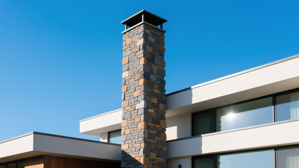 Tall chimney clad in dry-stacked manufactured stone veneer in gray and earth tones on a modern home exterior against a clear sky