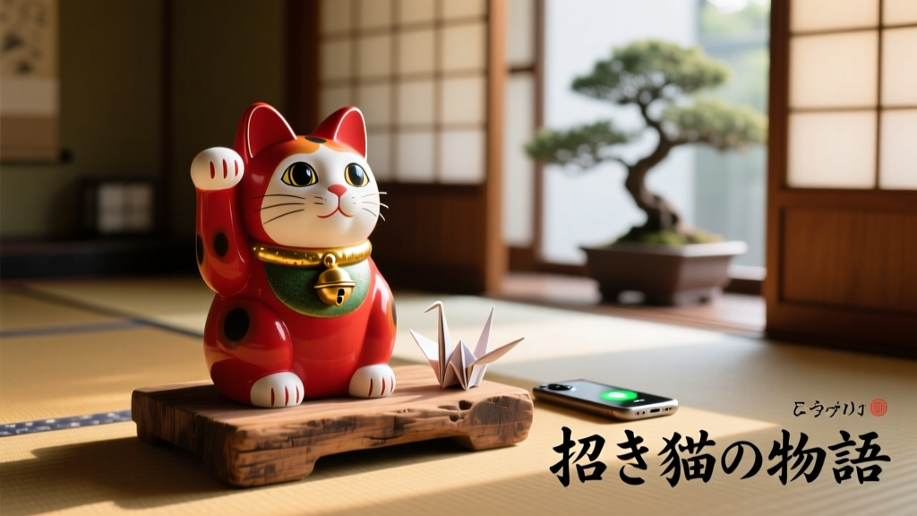 Traditional red Maneki-Neko figurine with gold collar and bell, sitting on a wooden base
