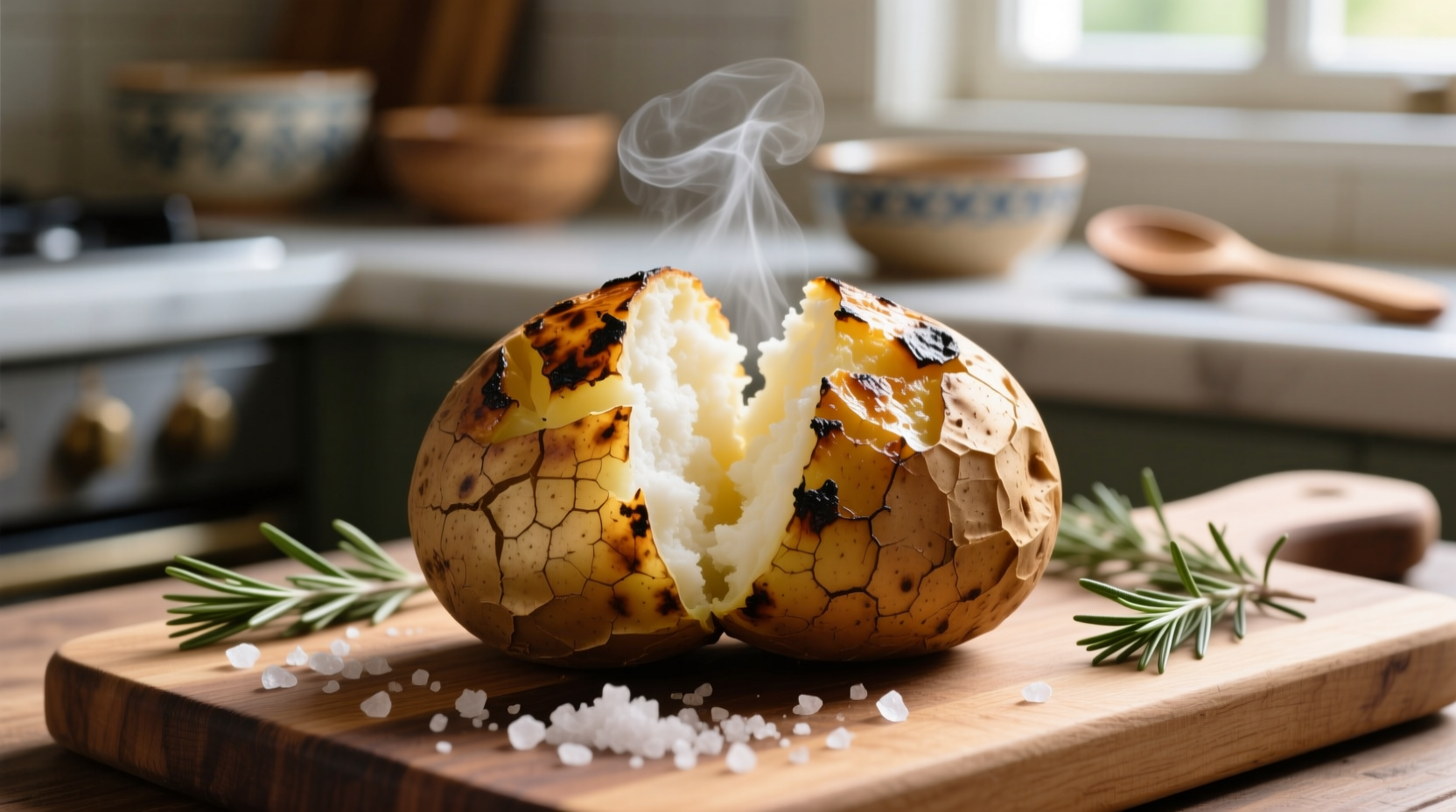 Grilled baked potato with crispy skin and fluffy interior
