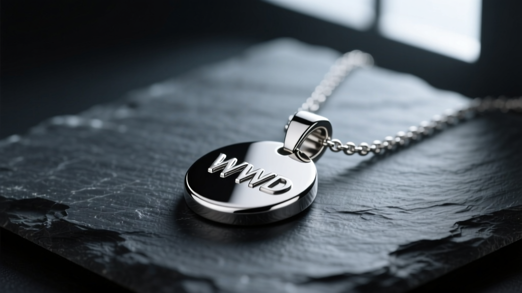 Macro shot of a polished 316L steel WWJD pendant on dark slate, lit by dramatic side lighting to show crisp surface reflections
