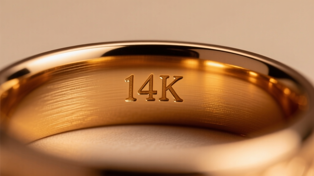 Macro photography of a stamped hallmark reading 14K on the inner band of a brown-hued gold wedding band under warm light.