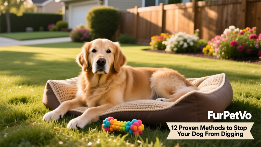 Happy dog lying peacefully on grass beside a shaded dog bed and a FurPetVo toy, with a neatly maintained yard in the background
