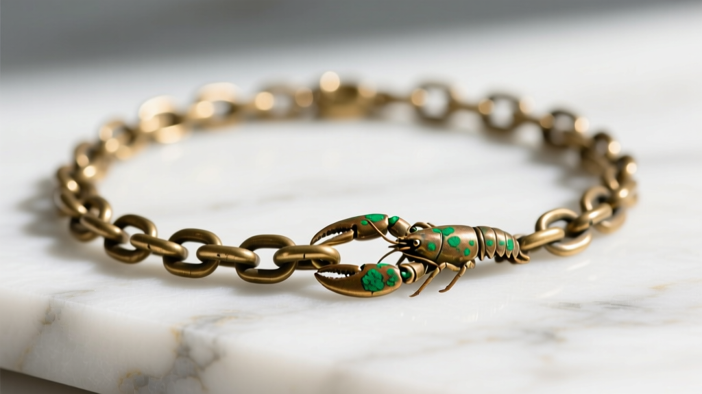 Close-up of a tarnished brass necklace chain on white marble, showing distinct green oxidation spots near the lobster clasp.