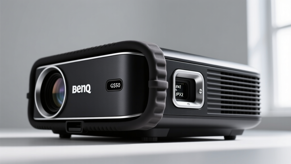 Side view of the BenQ GS50 projector showing its thick silicone protective bumper and exposed IPX2 splash-resistant port covers