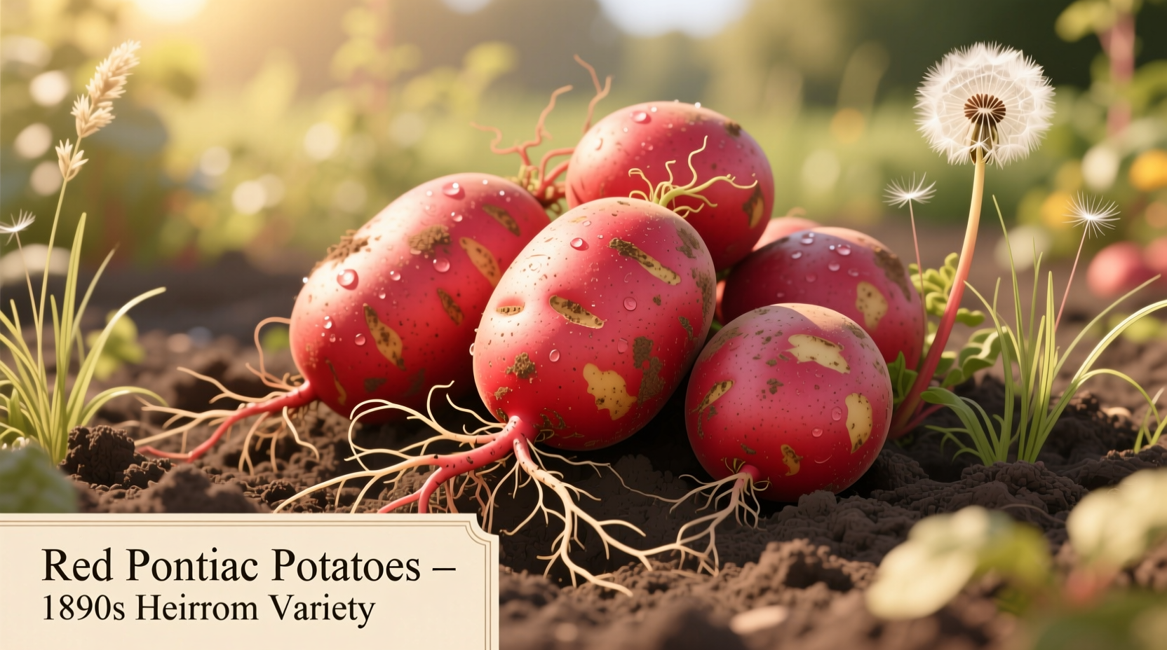 Red Pontiac potatoes in garden with vibrant red skin