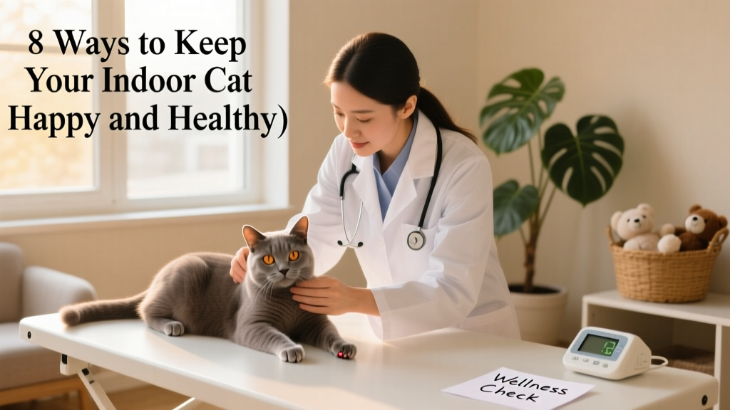 Veterinarian gently examining a calm indoor cat during a routine wellness checkup
