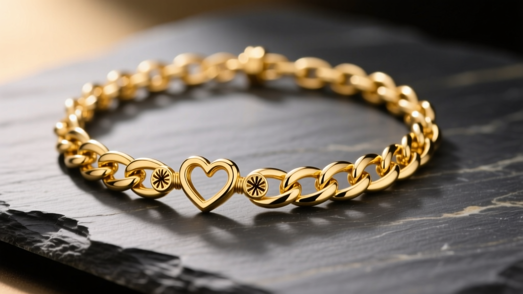 Close-up of an 18k yellow gold love chain necklace with screw motifs, resting on dark slate under soft, warm directional lighting.