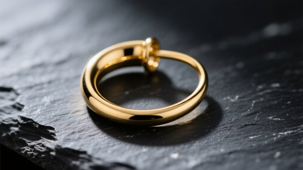 Macro shot of an 18-gauge 14k gold French wire hook earring on dark slate, highlighting the smooth curve and tension notch detail