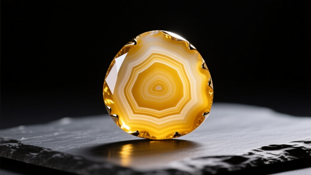 Close-up of a polished yellow agate pendant showing distinct concentric bands, resting on dark slate under warm, soft studio lighting.