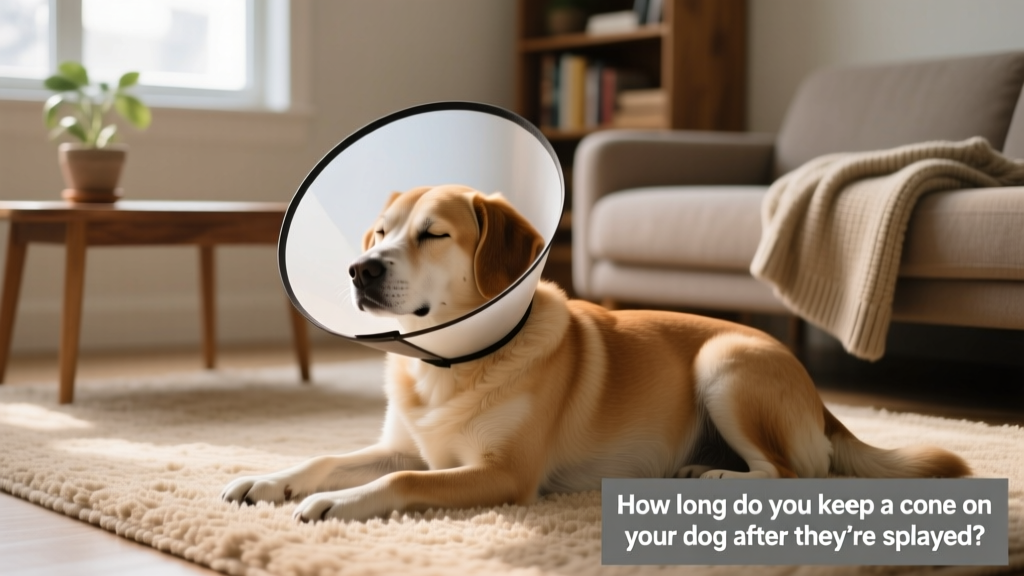 A calm, relaxed dog wearing a soft, well-fitted recovery cone indoors