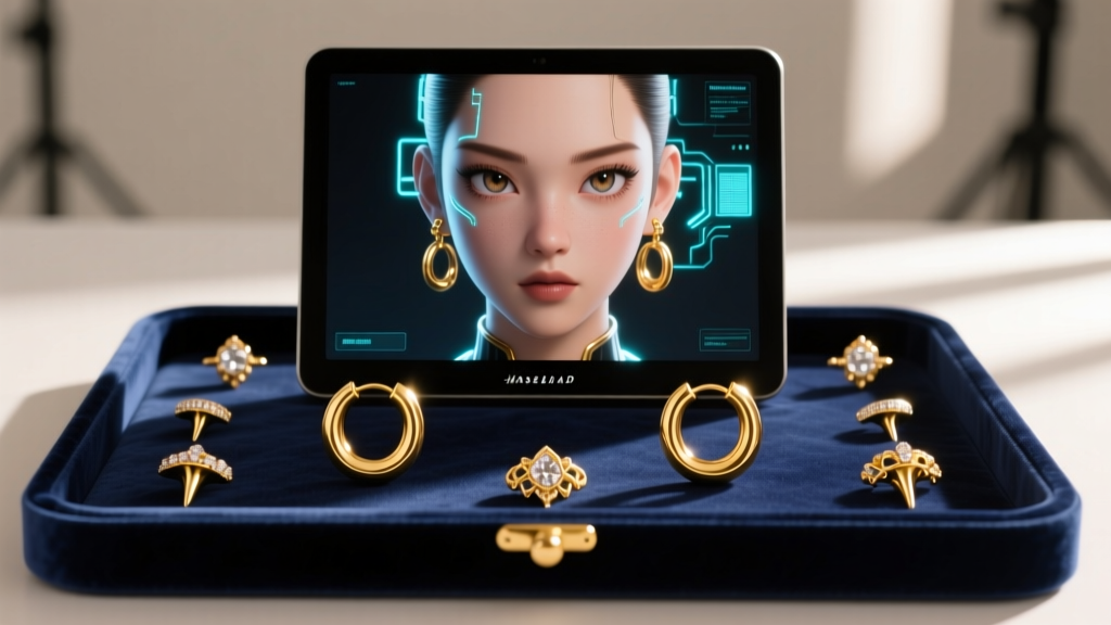 Computer screen showing a virtual character, surrounded by a velvet tray of real gold huggie hoops and cartilage studs